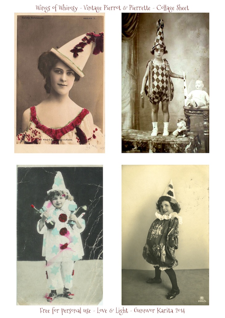 Wings of Whimsy: Pierrot & Pierrette Collage Sheet - free printable #vintage #valentine #ephemera #photo #clown #circus #freebie